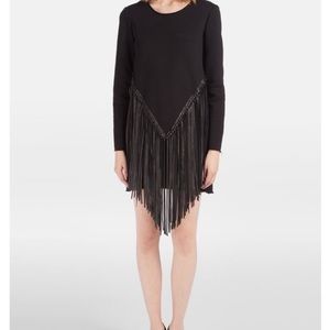 Maje black sweatshirt dress with leather fringe